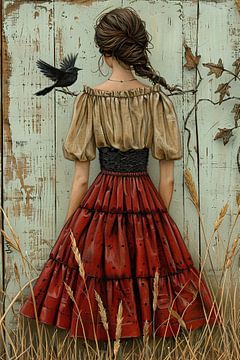 Meisje in veld met vogel van De Muurdecoratie