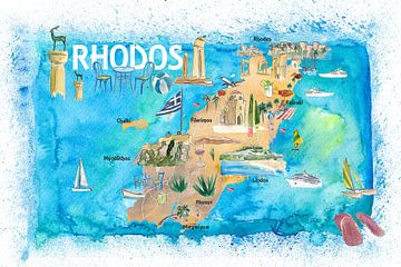 Rhodos Griekenland Geïllustreerde kaart met bezienswaardigheden en hoogtepunten van Markus Bleichner