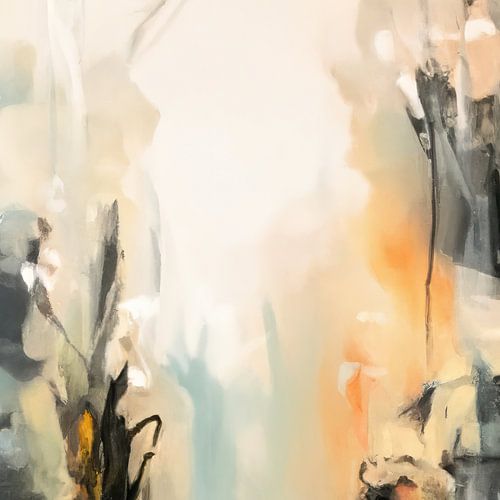 Moderne abstrakte Malerei in Weiß, Schwarz, Orange, Blau und Grün