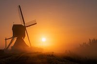 Mill at sunrise and fog