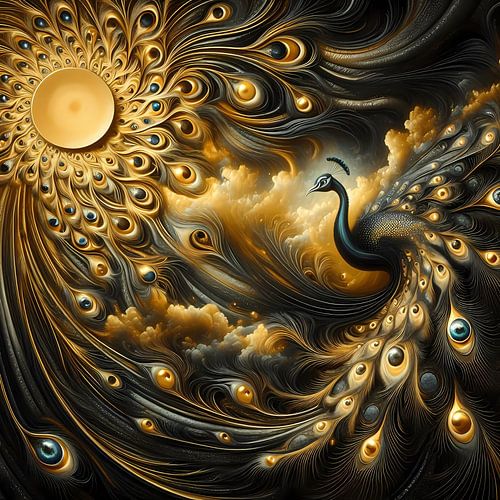 Majestueuze gouden pauw - Elegante kunstfoto in edele kleuren