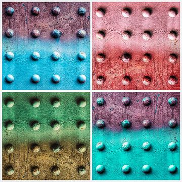 Collage colored steel sheets with steel rivets by Dieter Walther