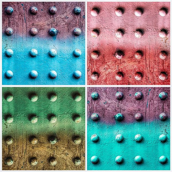 Collage colored steel sheets with steel rivets by Dieter Walther