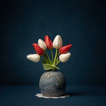 Stilleven van tulpen met rood, wit en blauw