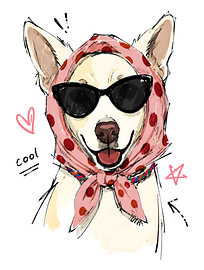 Chien sympa qui sourit avec un foulard à pois et des lunettes de soleil « & » – Illustration dessinée à la main