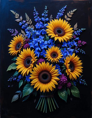 Levendig boeket van zonnebloemen en blauwe ridderspoor