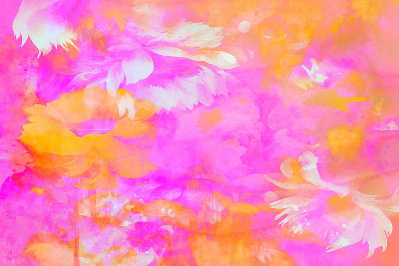 Modern landscape with flowers in orange pink by Mad Dog Art