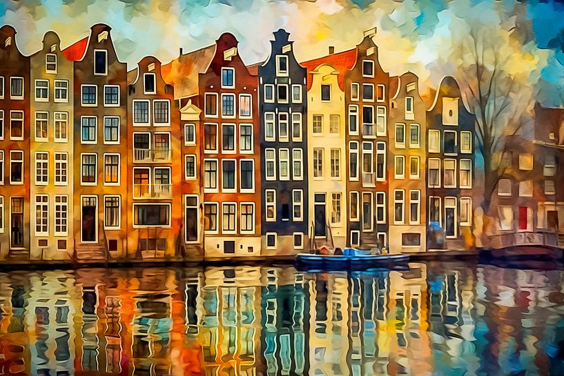 Grachtenpanden in Amsterdam schilderij van Thea