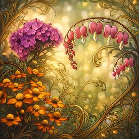 Flowers on gold Art Nouveau by Linda de Klein