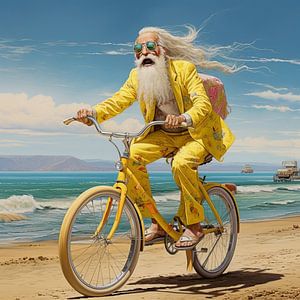 Älterer Mann Fahrrad gelber Anzug Meer Strand Horizont