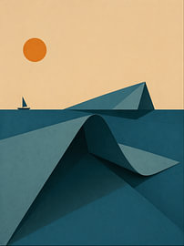 Illustration abstraite représentant un paysage marin avec des vagues, un soleil et un voilier sur DesignDoodle