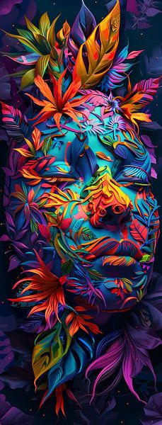 Kleurrijk abstract kunstwerk van een gezicht met levendige bladeren van artefacti