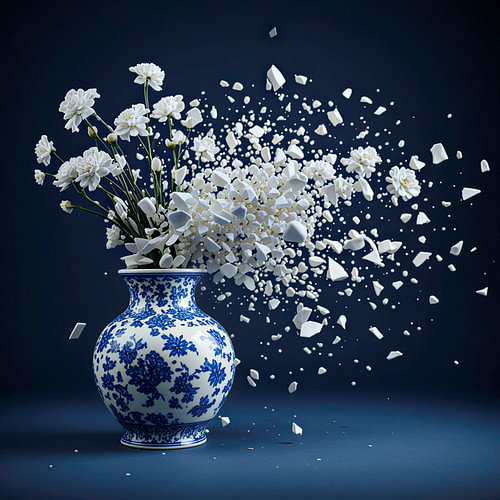 Un portrait représentant un vase bleu de Delft orné de fleurs en porcelaine en morceaux.