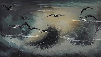 storm at sea with seagulls