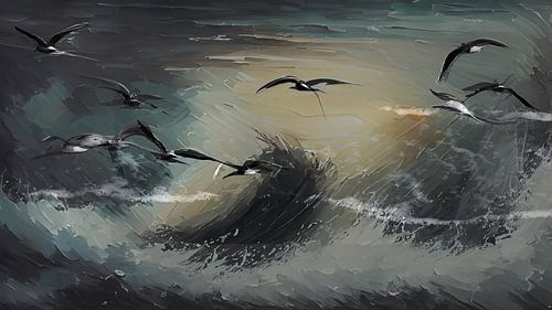 storm op zee met meeuwen