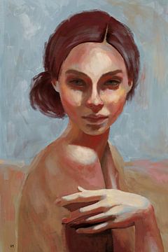 Schilderij van een vrouw in pastel tinten. van Hella Maas