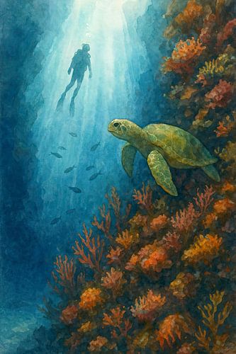 Scuba duiker en zeeschildpad bij koraalrif (AI) (onder water, koraal, snorkelen, vakantie, duiktrip, aquarel, schilderij, zee, dieren)