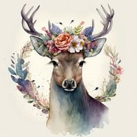 Aquarell eines Hirsches mit Blumen im Geweih