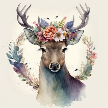 A watercolour of a deer with flowers in its antlers by Vlindertuin Art