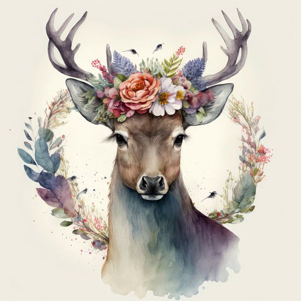A watercolour of a deer with flowers in its antlers by Vlindertuin-Art