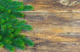 Christmas traditional fir tree branches border on wooden background by Alex Winter