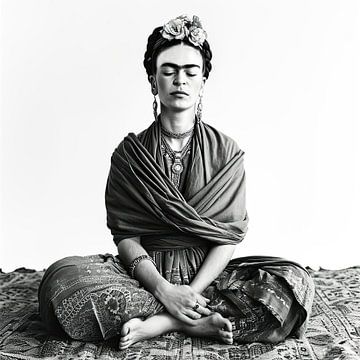 Portret van mediterende vrouw in zwart wit van Vlindertuin Art