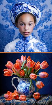 Delfts Blauw meisje met oranje tulpen van Vlindertuin Art