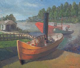 Remorqueurs le long de l'Escaut à Dendermonde - huile sur toile sur Galerie Ringoot