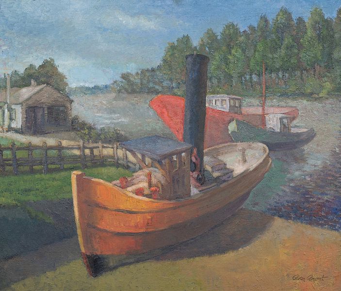 Sleepboten langs de schelde in Dendermonde  - olieverf op doek van Galerie Ringoot