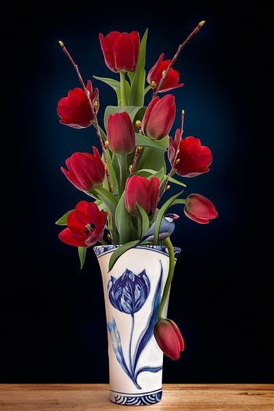 Tulips in vase, Delft blue by Klaartje Majoor