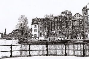 Zeichnung Amstel Häuser Boote Amsterdam