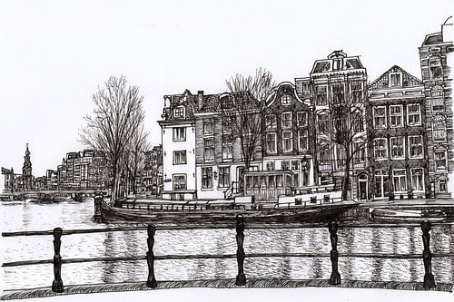 Tekening Amstel Huizen Boten Amsterdam