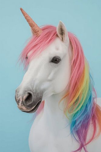 Eenhoorn met regenboogmanen en lichtblauwe achtergrond