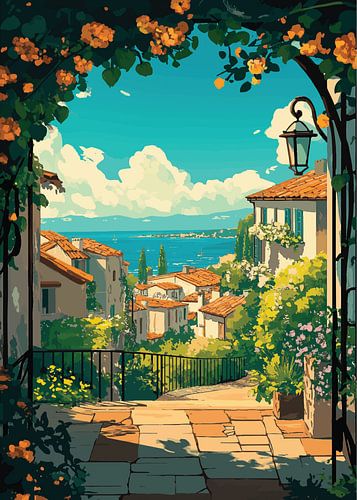 Uitzicht op een Mediterraans kustdorp in de zon