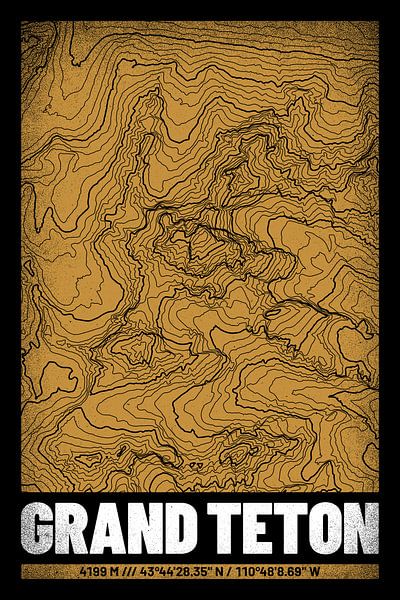 Grand Teton | Topographie de la carte (Grunge) par ViaMapia