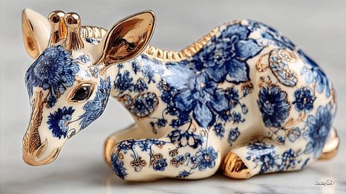 giraffe in delfts blauw en goud op een wit marmeren achtergrond