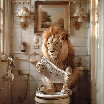 Majestic lion reads the newspaper in the bathroom by Felix Brönnimann