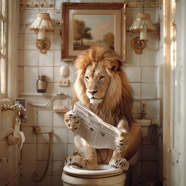 Majestätischer Löwe Liest Zeitung im Badezimmer von Poster Art Shop