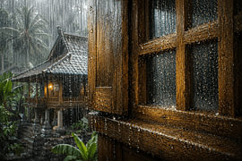 Regen auf einem Holzfenster eines traditionellen Hauses I Indonesien I Regensammlung von Vínculae