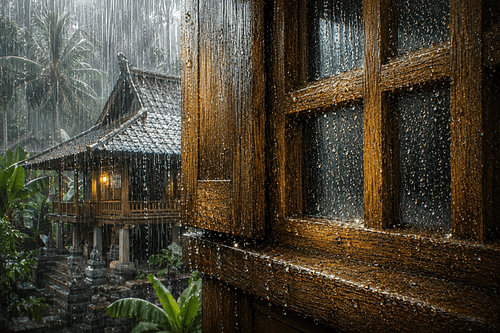 Regen auf einem Holzfenster eines traditionellen Hauses I Indonesien I Regensammlung