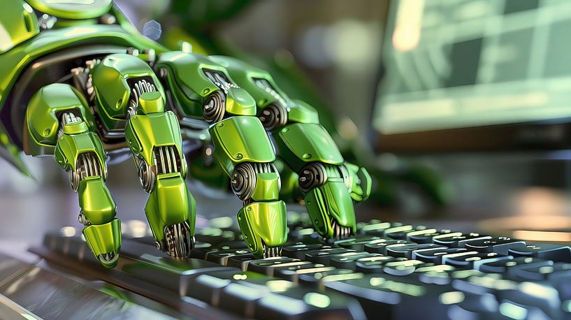 Robothand typt op verlicht toetsenbord van Frank Heinz