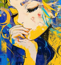 Frau Gelb | Frau und bunter Hintergrund von ARTEO Gemälde