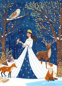 Reine d'hiver avec des animaux de la forêt dans la neige