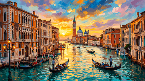 Zonsondergang boven het Canal Grande in Venetië met gondels en de Campanile van de'us van San Marco – kleurrijk schilderij van een Italiaans stadsgezicht