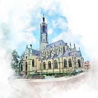 Watercolour image of the Basilica of Hulst, Zeeuws-Vlaanderen.