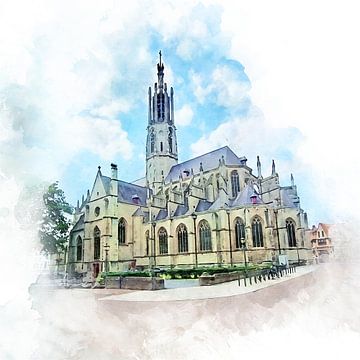 Aquarel beeld van de Basiliek van Hulst, Zeeuws-Vlaanderen. van Danny de Klerk