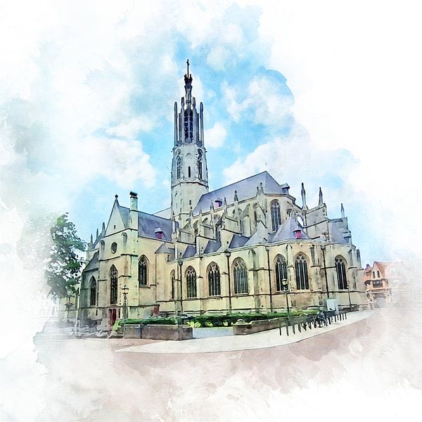 Watercolour image of the Basilica of Hulst, Zeeuws-Vlaanderen. by Danny de Klerk
