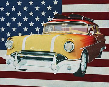 Pontiac Safari Station Wagon Surfer Edition 1956 with flag of the U.S.A. by Jan Keteleer