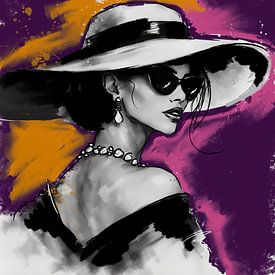 Fashionista Strichzeichnung in Lila und Orange – Frau mit Sonnenbrille und Hut von MadameRuiz