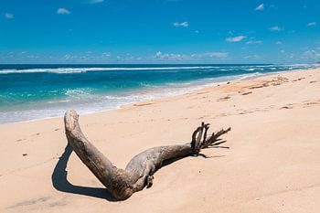 Schöner weißer Strand mit strahlend blauem Wasser (Pantai Nunggalan Beach) auf Bali, Indonesien